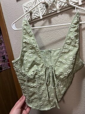 Cider Sage Green Floral Textured Crop Top